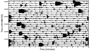 "Helicorder" plot of six hours of raw seismic data during the lead-up to a volcanic eruption