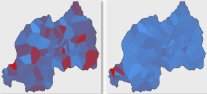 Two images of Rwanda with areas highlighted to indicate differences