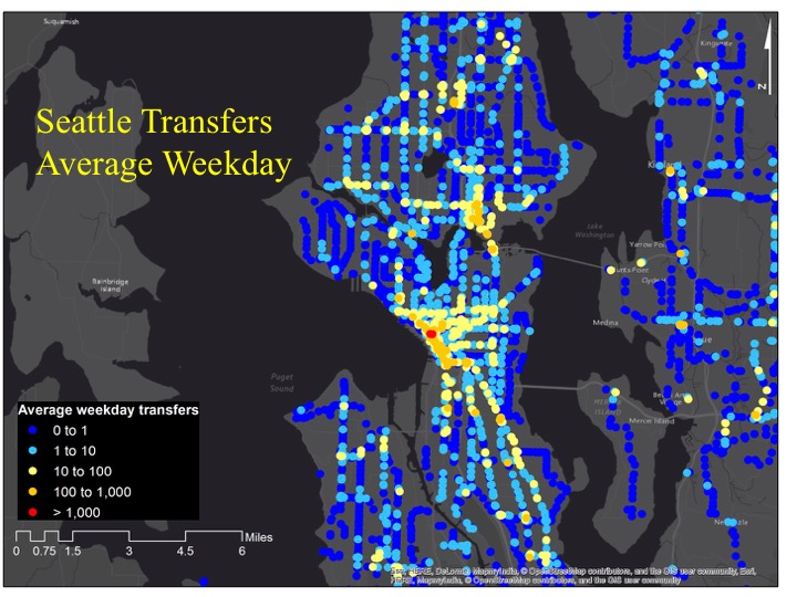 Map of average Seattle ORCA transfers per weekday