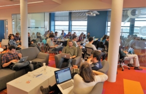 Geohackweek attendees learn and lounge in the WRF Data Science Studio