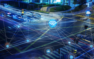 A graphic of a street overlaid with technological images