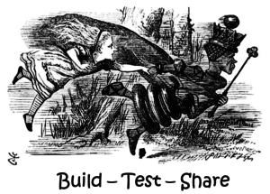 In black and white, the Red Queen tugs Lewis Carroll's Alice along over the words build, test, and share