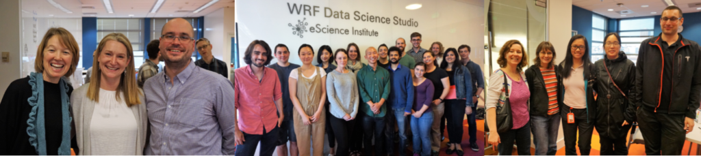 From left, Sarah Stone, Micaela Parker and David Beck; Magda Balazinska poses with guests; the 2017 DSSG cohort. All photos, Robin Brooks, eScience Institute