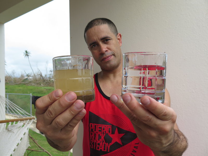 Photo Courtesy of Mandalit Del Barco/NPR Richard Colón, better known by his stage name Crazy Legs at his home in Isabela, Puerto Rico, shows the before-and-after of the water filtration system he's helping deliver to people in remote areas. This photo originally appeared in https://www.npr.org/2017/10/01/554803408/richard-crazy-legs-col-n-returns-to-puerto-rico-with-a-clean-drinking-water-miss