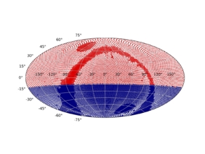 This is an initial plot of potential telescope pointings and associated tile centers for the SDSS-V Survey for both the Northern and Southern Hemisphere Sites.