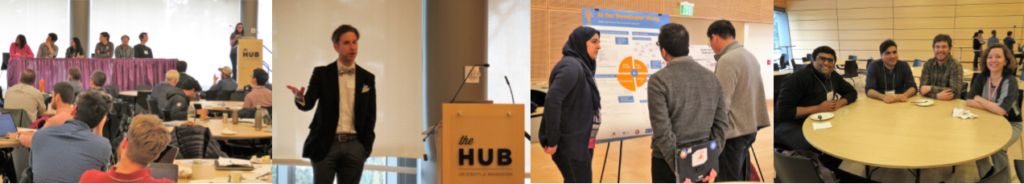 Four photos of people presenting and attending the UW Data Science Summit. Photos, Robin Brooks, eScience Institute