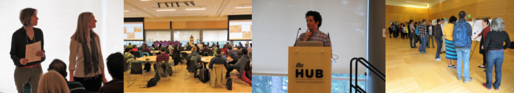 Four photos of people presenting and attending the UW Data Science Summit. Photos, Robin Brooks, eScience Institute