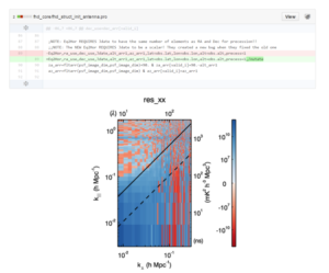 Figure 3: An example of a full pipeline integration test showing a change in the code and the effect of the code change on a primary 21 cm cosmology figure of merit. The plot shows a difference between the two-dimensional power spectrum before and after the code change. The 2D power spectrum is an extremely useful metric because it separates effects along instrumentally meaningful axes, helping researchers to identify how instrument and analysis systematics interact and affect the final measurement.