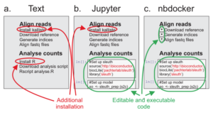 Figure 1: A typical workflow can be represented as static text, a Jupyter notebook and nbdocker.