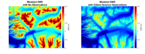 Figure 2: Modeled Snow Water Equivalent (SWE) depth over a mountainous region near Valdez, Alaska. The model output on the left is uncorrected, while the output on the right is corrected using citizen science observations.
