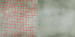 The red boxes in the left image show buildings in the area using a data set of building footprints, but the satellite cannot detect them because it lacks the visibility to see beneath the clouds.
