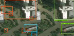 Figure B: The image on the left displays the type of “messy” data we used to train the algorithm. The blue boxes here represent a damaged/flooded building, and the orange boxes represent buildings that were not damaged. 