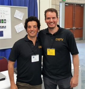 The DIPY core developers (Left-to-right: Ariel Rokem, Eleftherios Garyfallidis) presenting the software at the annual meeting of the Organization for Human Brain Mapping 2015.