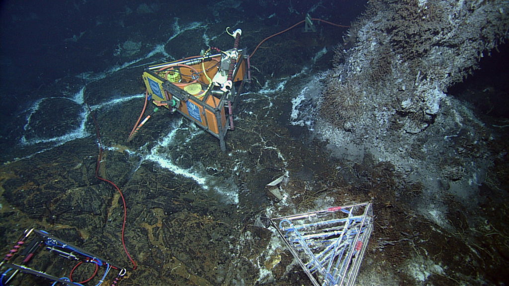 A down-looking view of the site taken by the remotely operated vehicle ROPOS. Photo Credit: NSF-OOI/UW/CSSF; Dive R1730; V14