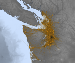 Visitors to Washington beaches (right) live in communities across the entire region, according to images of beaches shared on Flickr from 2005 - 2014. The size of the orange circles indicates the number of beach visitors from each community. Orange lines connect to the beaches that community members visited. Image credit: Spencer Wood
