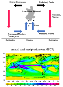 The canonical view of precipitation driven atmospheric energy flux fails to explain regional structure. (top) The simplified theory of Hadley Circulation suggests energy convergence along the surface of the equator with poleward divergence in the upper layers. (bottom) The symmetry in this theory breaks down when exploring the regional patterns of precipitation, which vary zonally and meridionally [Adler et al, 2003]. Image credit: Lauren Kuntz