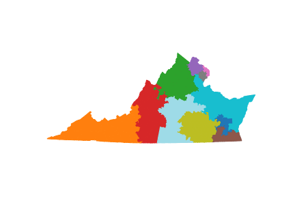 A map of Virginia with color coded districts